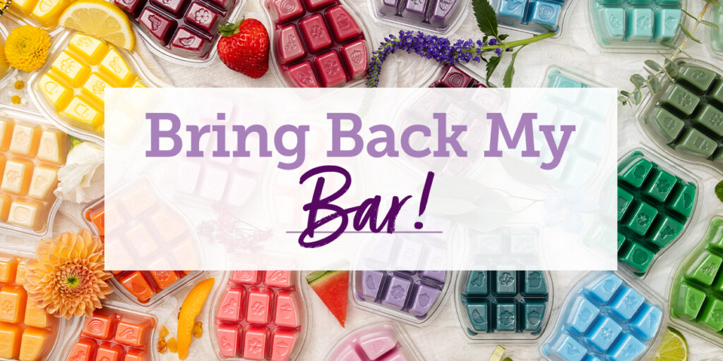 Scentsy's 2025 Bring Back My Bar logo: mulit-colored Scentsy wax bars piled behind the words, Bring Back My Bar!