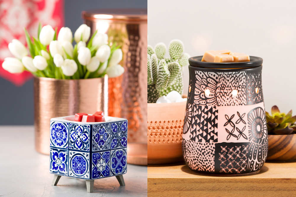 photos of Scentsy's modern tribal and indigo tile warmers