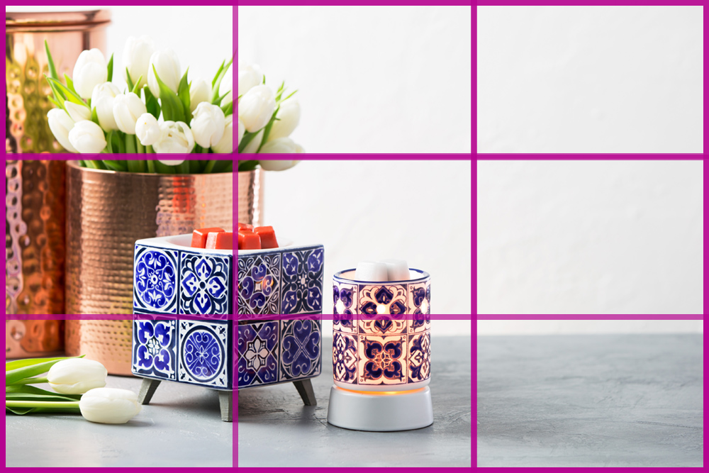Photo of Scentsy's Indigo tile warmers in a styled shot following the rule of thirds