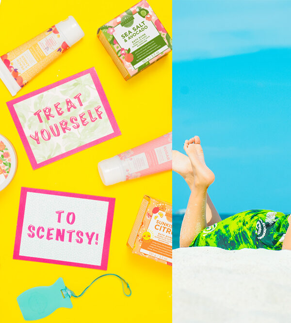Photo of summer themed scentsy products and a woman relaxing on the beach