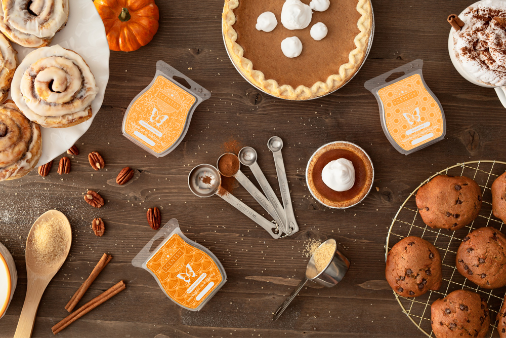 table top with Scentsy's pumpkin inspired wax fragrances