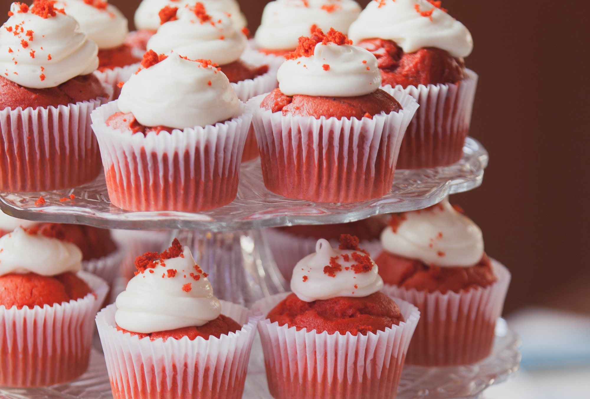 red velvet cupcakes a top a cupcake stand
