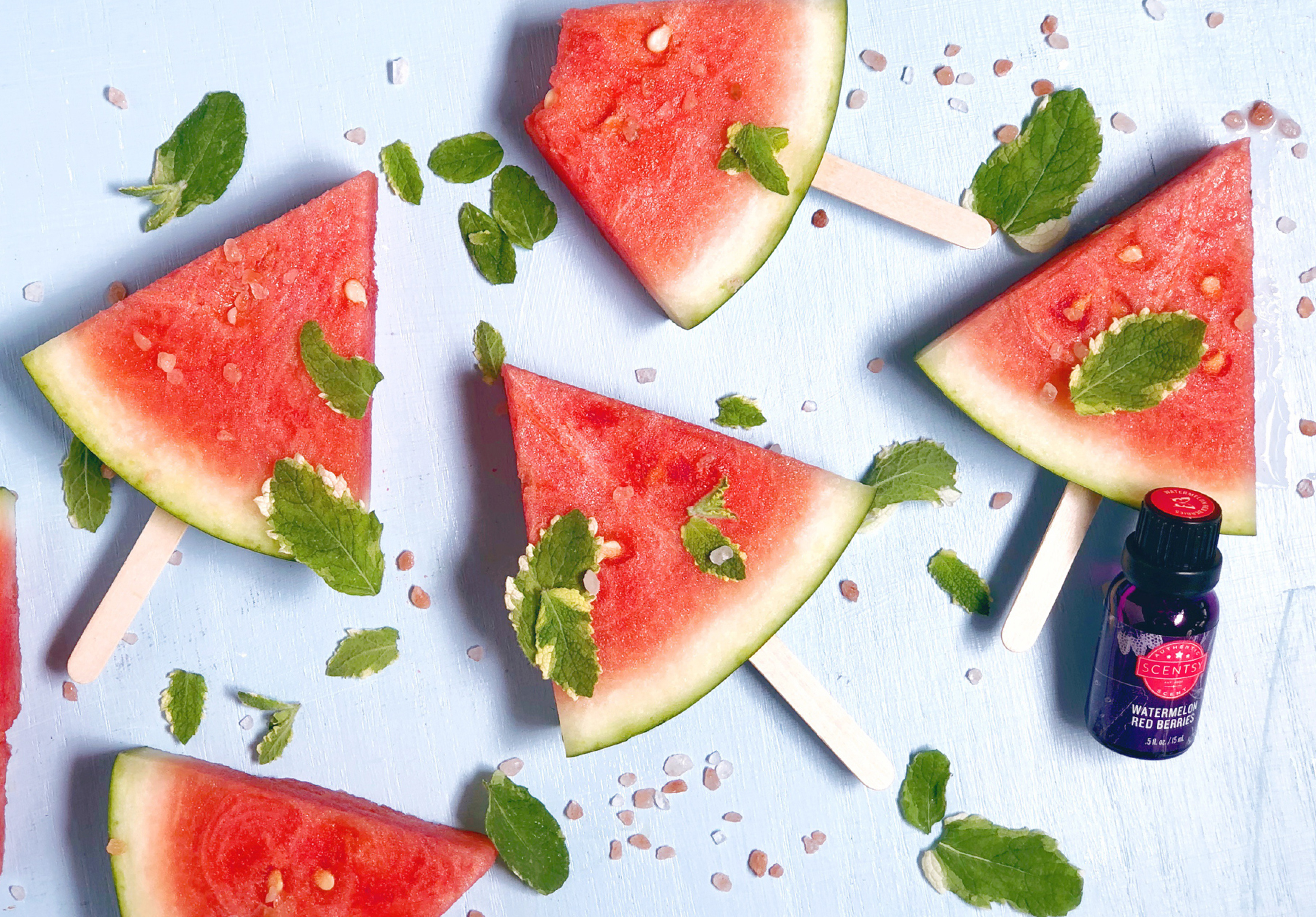 August 1st blog header photoshoot - Watermelon with leaves and rock salt featuring Watermelon red berries diffuser oil
