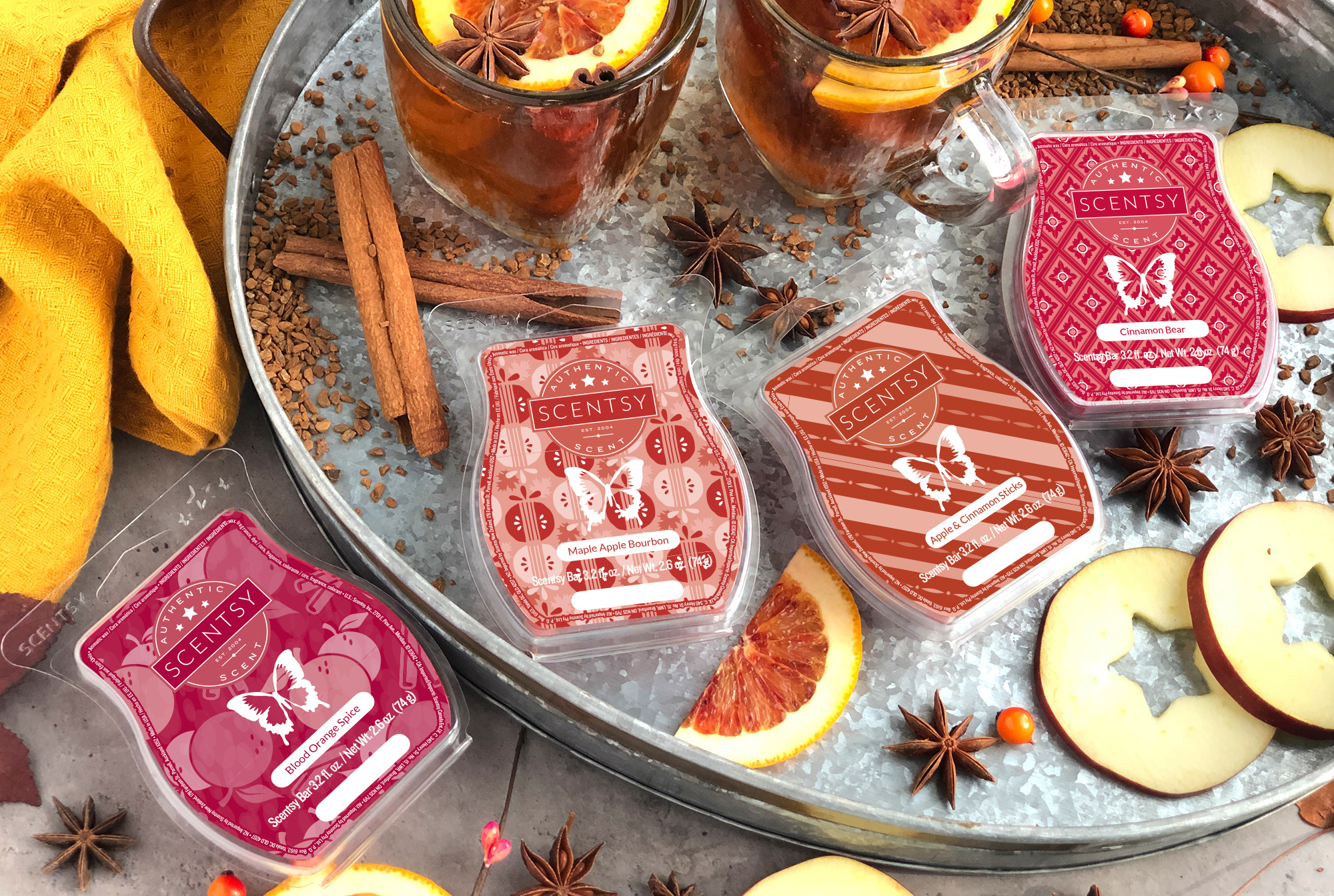 9-5 blog photoshoot featuring: Blood Orange Spice, Maple Apple Bourbon, Apple & Cinnamon Sticks, Cinnamon Bear