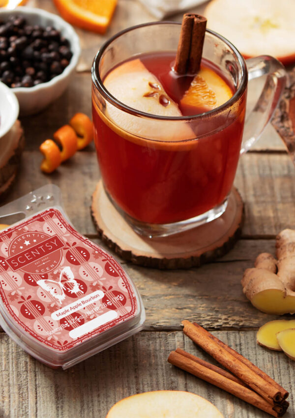 Scentsy Maple Apple Bourbon Bar surrounded by ingredients and wassail