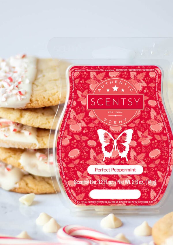 Perfect Peppermint Scentsy Bar alongside the finished peppermint cookies and small candy canes