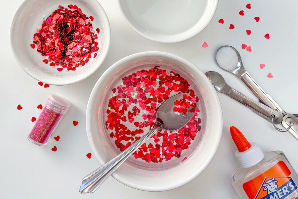 Valentine's Day slime in the process of being made