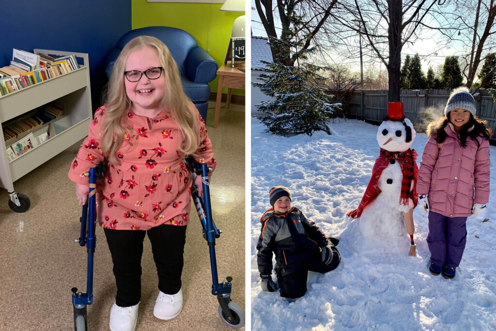 Two photos - One featuring a little girl and the other a girl and boy with a snowman