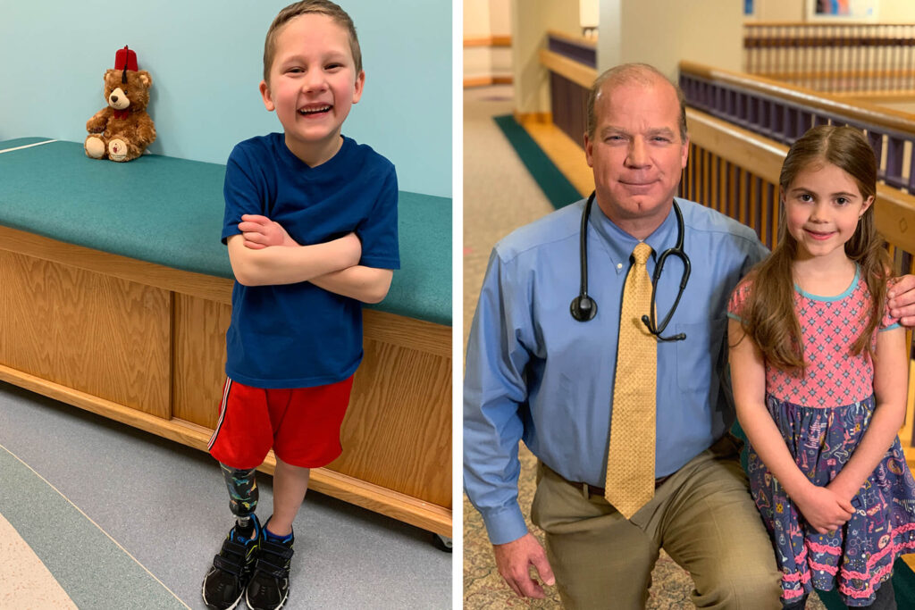 Two photos - One featuring a boy smiling and the other a doctor and little girl