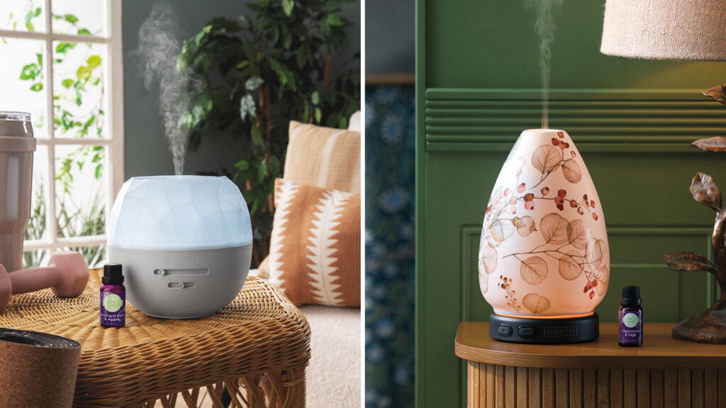 A side-by-side image of the Scentsy Jeweled Deluxe Diffuser and the Scentsy Grow Diffuser.