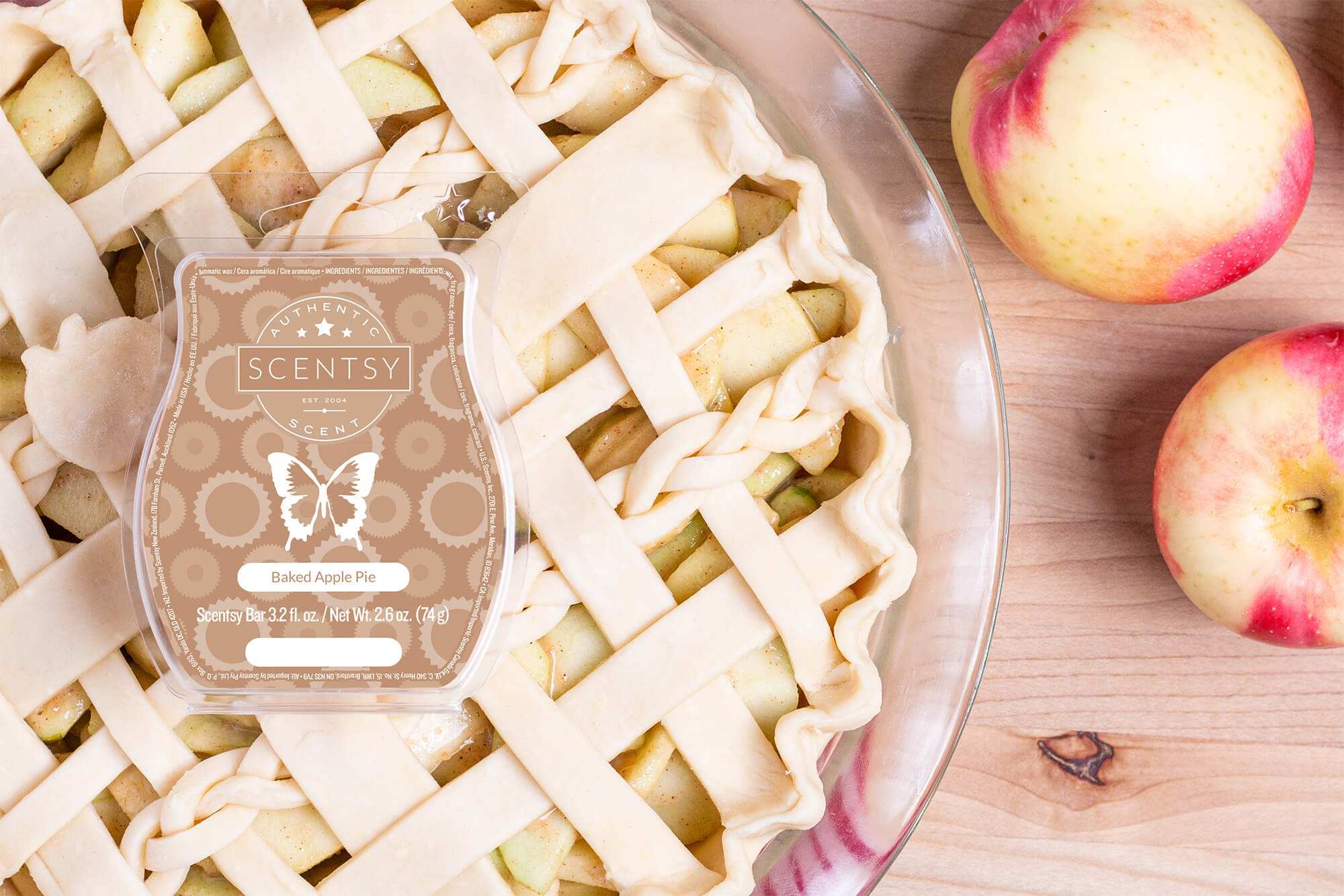 Scentsy's Baked Apple Pie wax bar on top of an apple pie