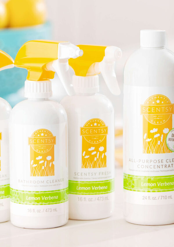 Scentsy Lemon Verbena bathroom cleaner, counter cleaner, dish soap, and all purpose cleaner