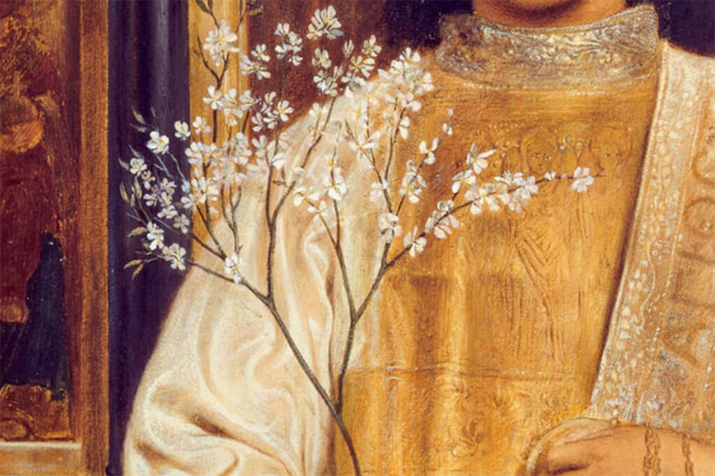 Old painting of person holding white flower tree