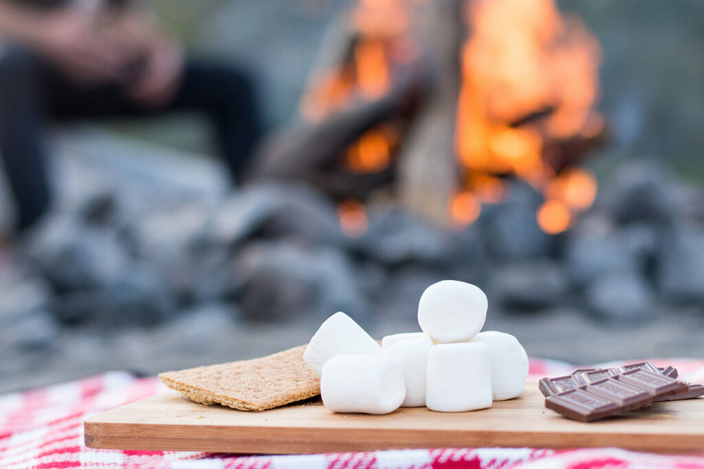 Ingredients for smore's in front of a campfire