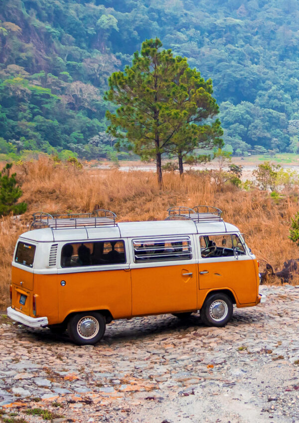 An old orange and white van parked in the wilderness.