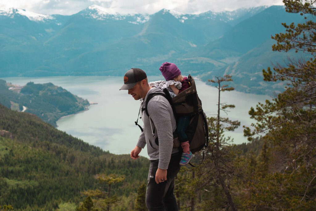 Person hiking in the hills with a child on their back