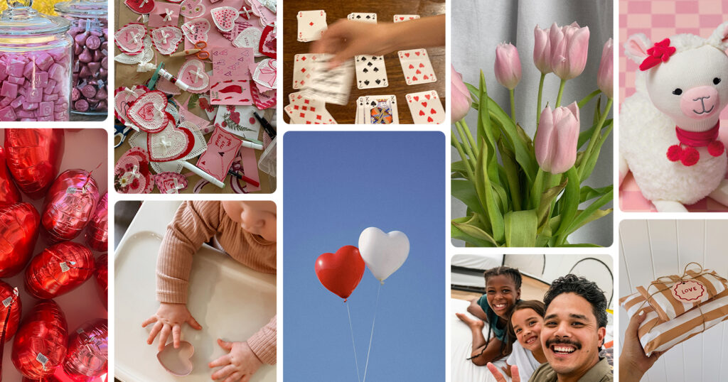 Collage of Scentsy Valentine's Day collection products and thematic images of balloon hearts, chocolates, flowers, cookies, and family spending time together.