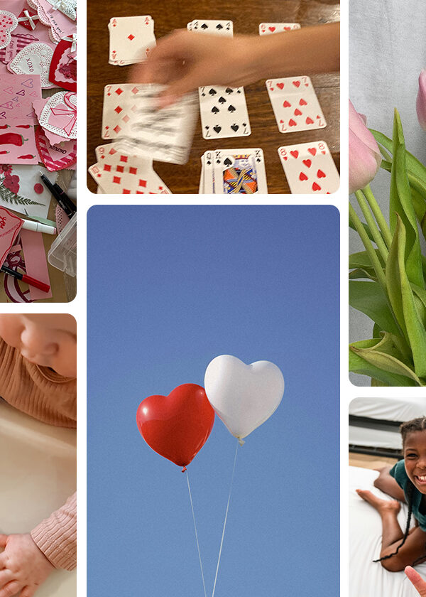 Collage of Scentsy Valentine's Day collection products and thematic images of balloon hearts, chocolates, flowers, cookies, and family spending time together.