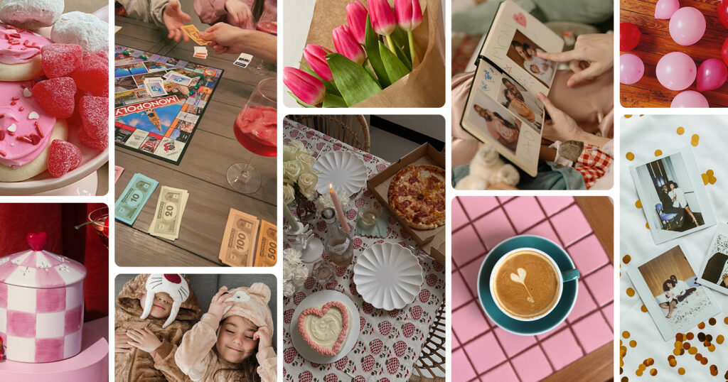 Collage of Scentsy Valentine's Day collection products and red, pink, and white themed images depicting Valentine's Day activities.