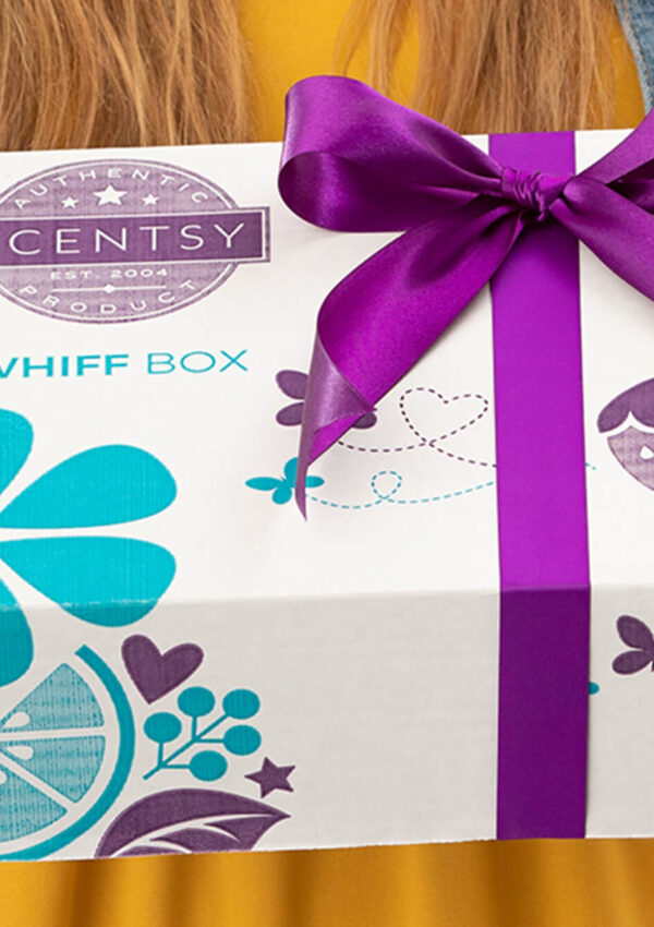 Person holding a wrapped Scentsy Whiff Box