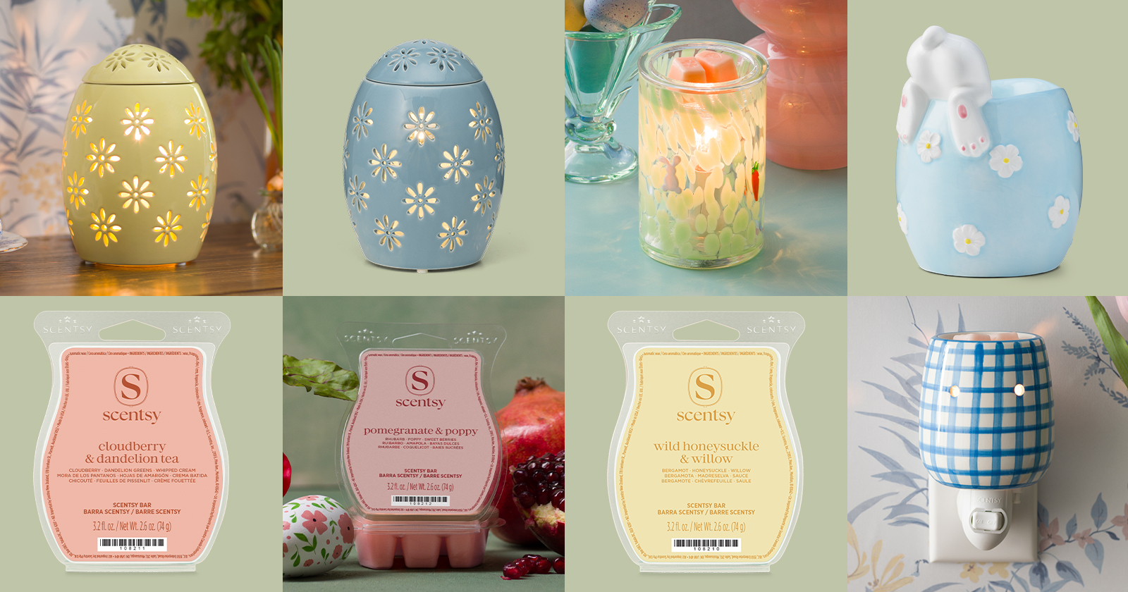 A collage of wax melt Scentsy Bars and Scentsy wax melt Warmers from the Easter Collection