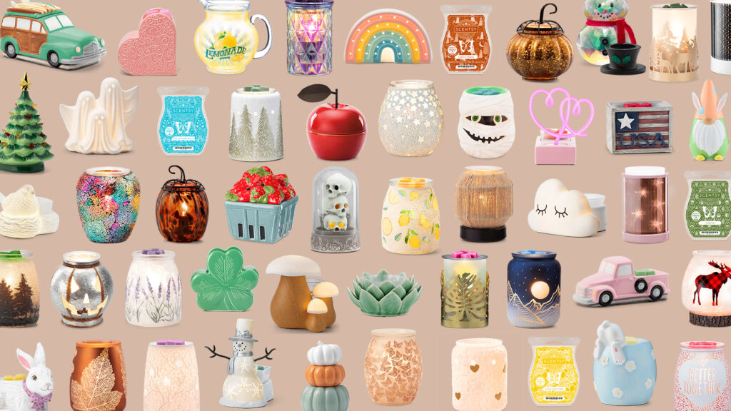 Dozens of Scentsy warmers and wax bars from the Scent and Warmer of the Month special collection are displayed in rows across a beige background. 