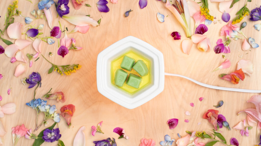 green wax melts burning in a white wax warmer sitting on a light wooden table with flower petals scattered all around