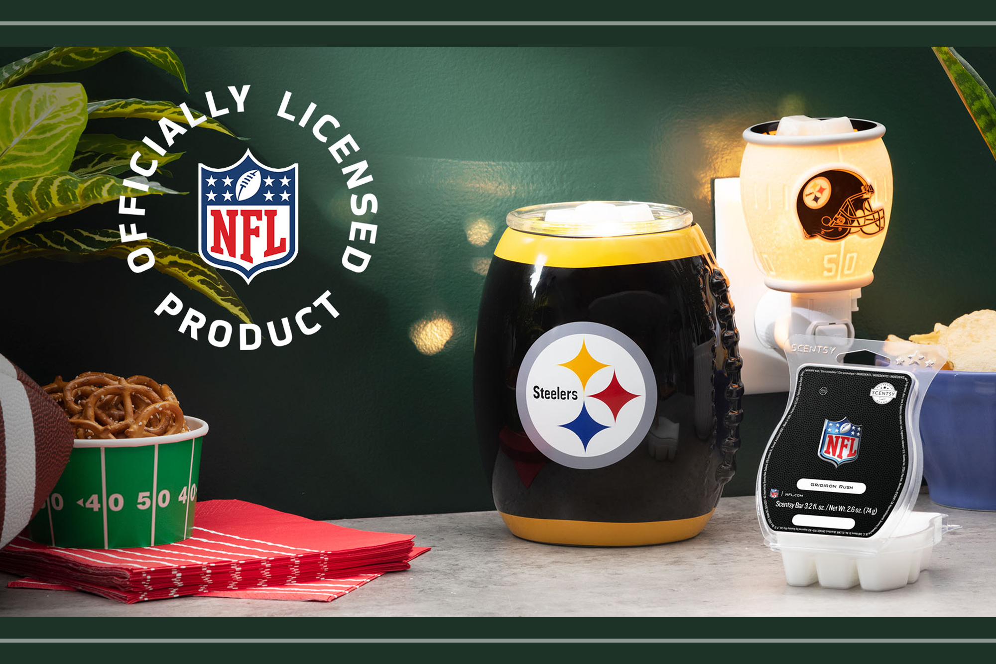 Scentsy's NFL collection featuring the Steeler's products and Gridiron Rush fragrance