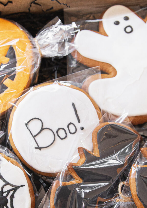 A box full of cute Halloween themed cookies including black bats, white ghosts, orange jack o lantern, a spider on a web and a white cookie with writing that reads BOO!