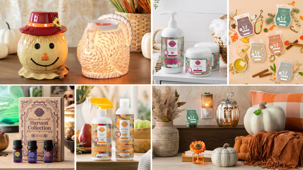 A photo collage of all the fragrance and scent products in the Scentsy Harvest Favorites Collection and the 2023 Harvest Collection!