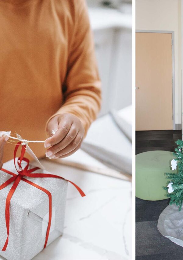 Photo collage of a person wrapping a present and a tree in the Scenty home office
