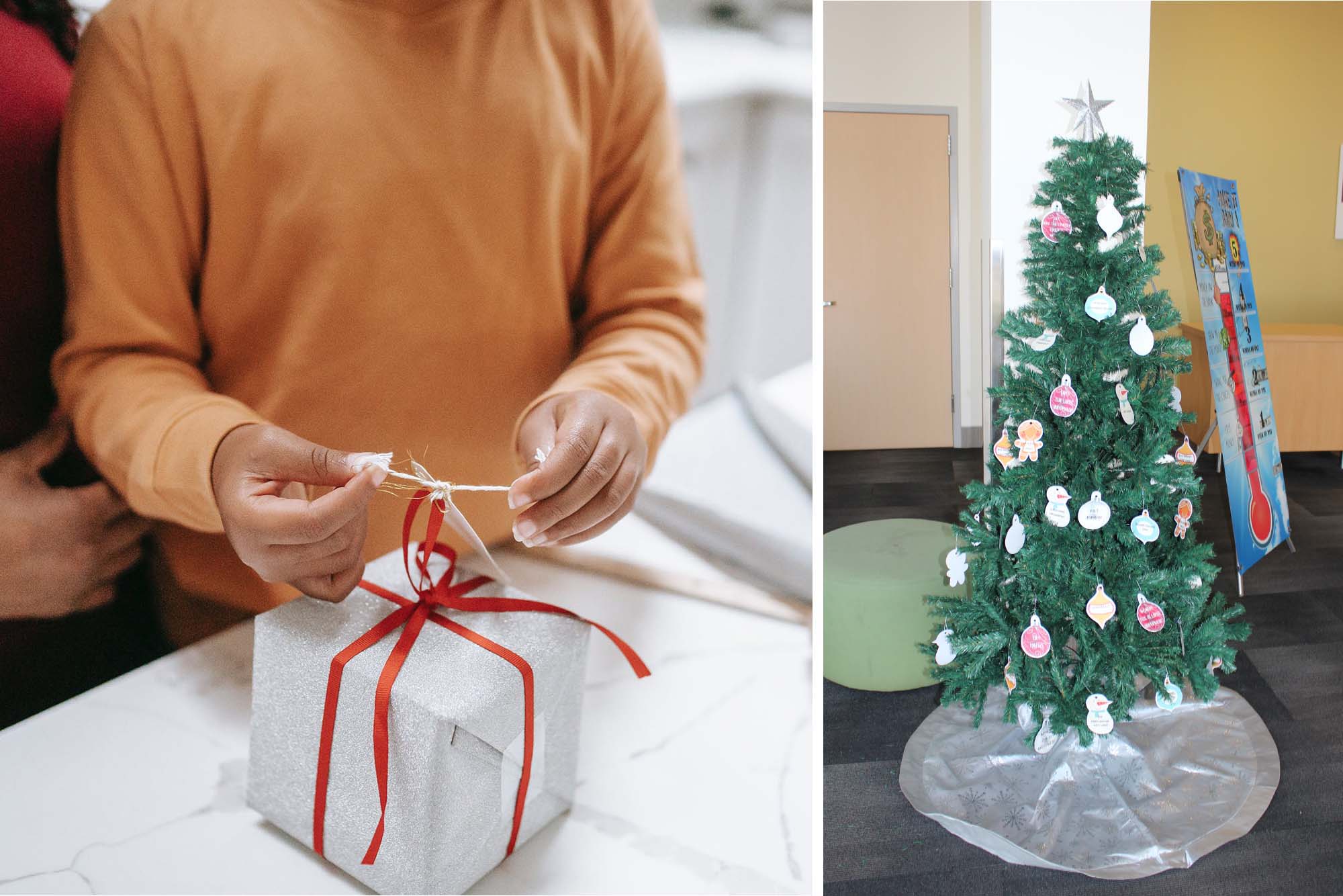 Photo collage of a person wrapping a present and a tree in the Scenty home office