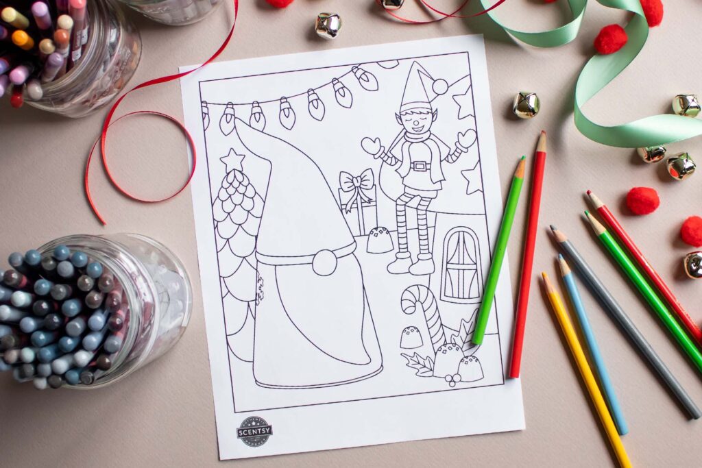Coloring page surrounded by art supplies