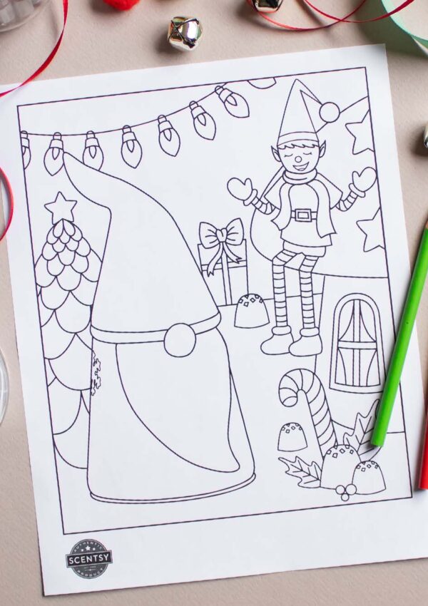 Coloring page surrounded by art supplies