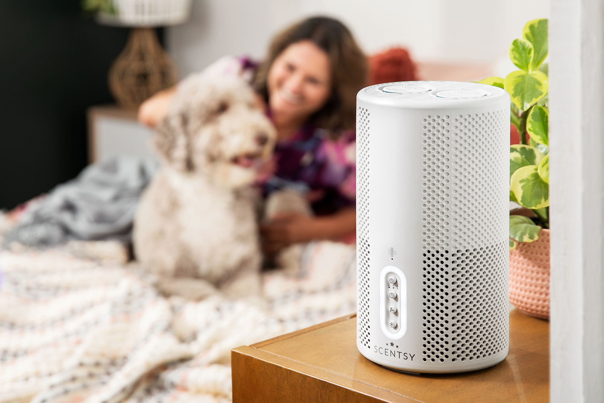 Scentsy's air purifier with a person and their dog in the background