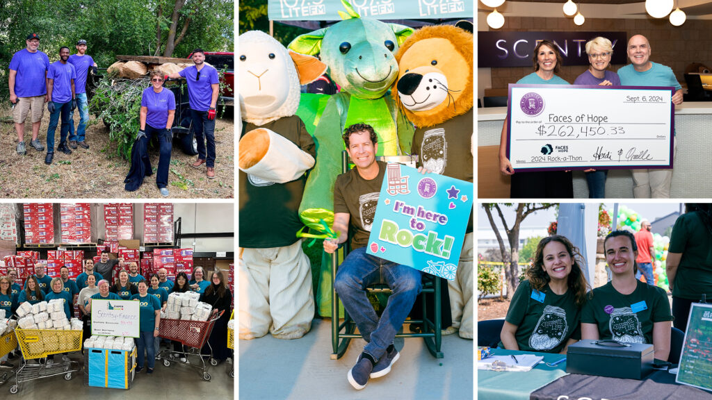 A collage of images depicting Scentsy executives presenting checks to charitable organizations, participating in Scentsy Rock-a-thon, and Scentsy employees posing at charitable cause work-site locations.