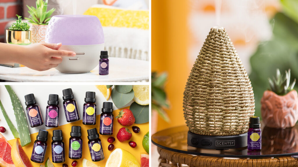 a photo collage of scentsy essential oils, and two scentsy diffusers releasing essential oil fragrance sitting on side tables
