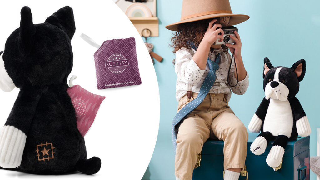 a little girl taking a photo of a dog scentsy buddy with a photo to the left showing how scentsy paks fit inside of the scentsy buddy to release fragrance