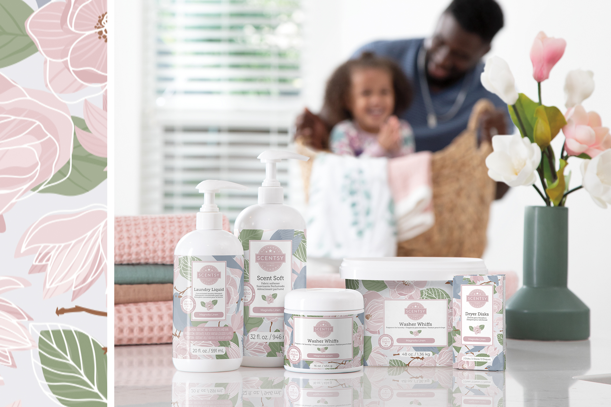 Scentsy Magnolia Linen Laundry Products in a stylized shot with people in the background