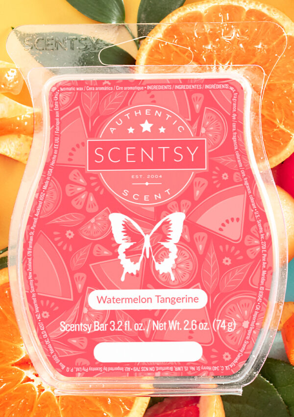 A Scentsy Watermelon Tangerine Wax Bar with red labled clamshell sits on a background of sliced watermelon and tangerine fruits.