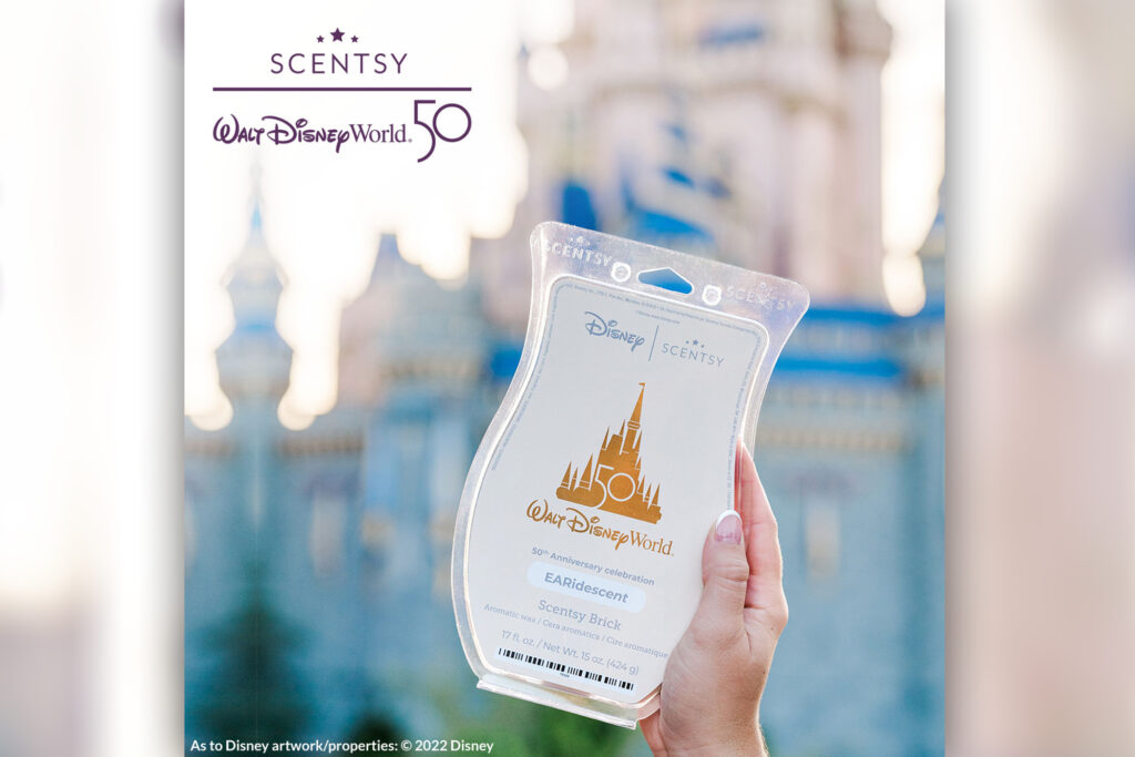 The Walt Disney World Resort 50th Anniversary celebration: EARidescent scented Scentsy Brick in front of Cinderella's Castle 