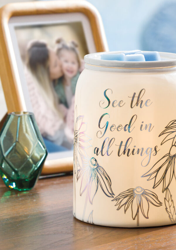 See the Good Wax Warmer is our latest Scentsy Charitable Cause Program product featuring delicate flowers etched in iridescent silver which is an inspiring reminder to see the good in everything