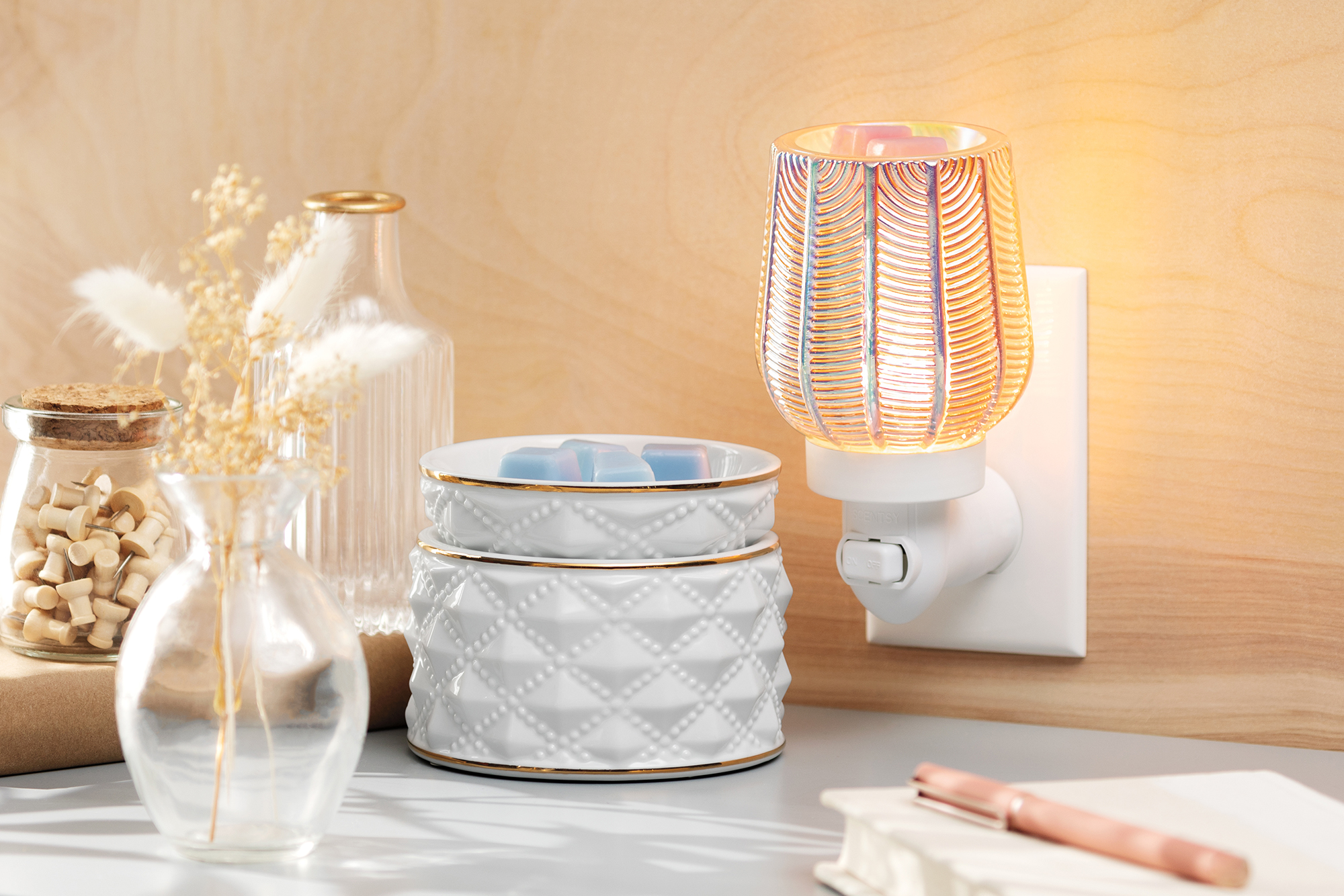 Scentsy's Pearled Gatsby Mini Warmer and Diamond Milk Glass Wax Warmer shining bright and providing the best home fragrance with our wax melts in your favorite scent