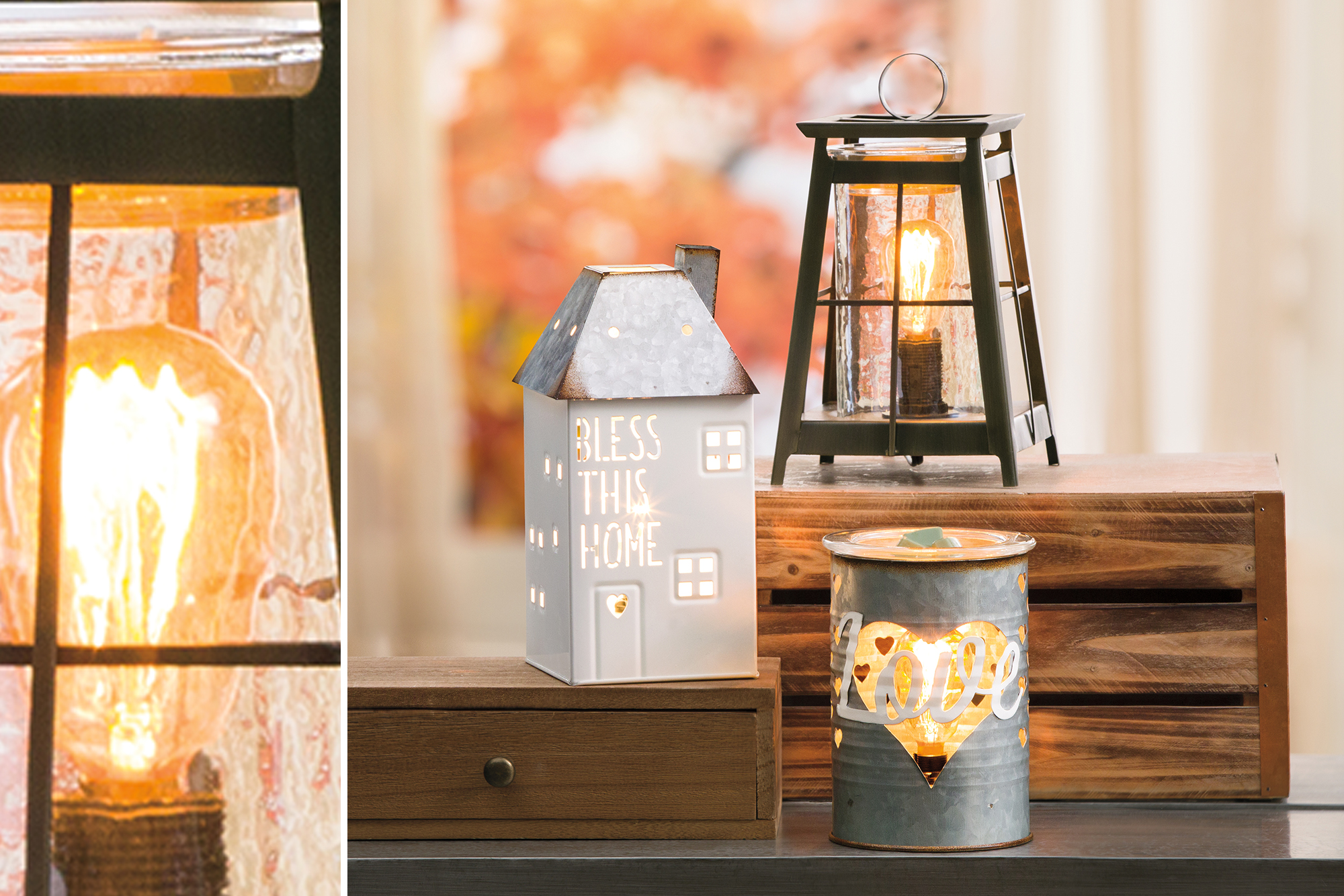 Three of the Scentsy rustic farmhouse style wax warmers including Sweet Love Warmer, Bless this Home Warmer and Shining Light Wax Warmer