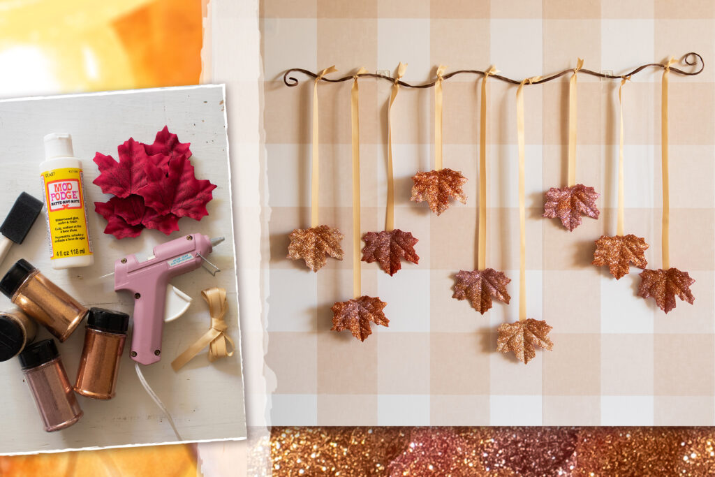 A glittery autumn leaf garland made of a branch with gold ribbon tied around it with glittery, autumn leaves hanging like your typical home décor garland