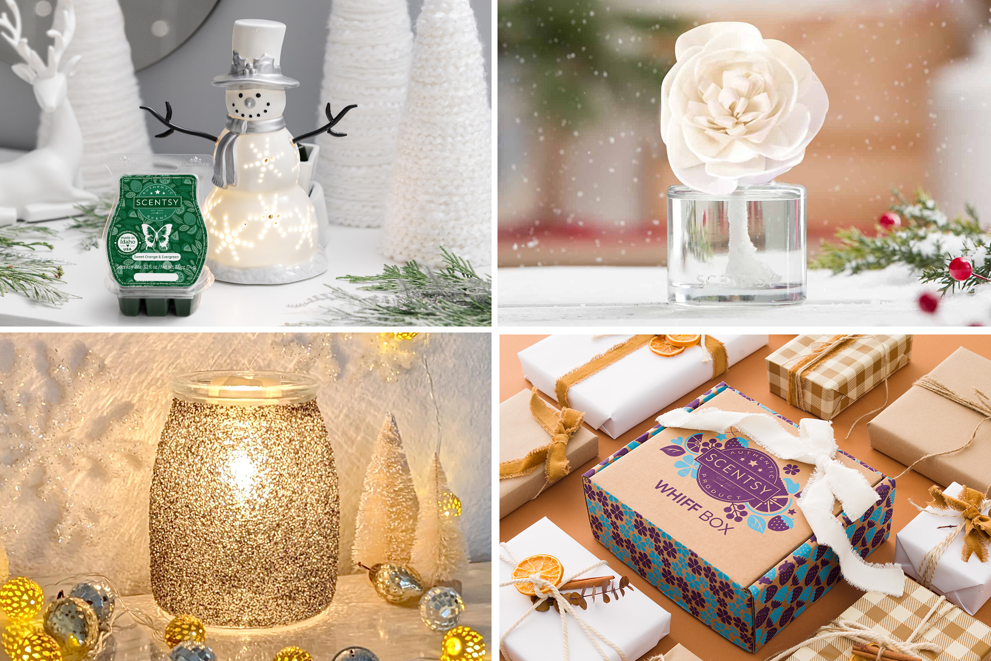 The Sparkling Snowman Warmer with Sweet Orange & Evergreen wax bar, a seasonally scented Fragrance Flower, the Twinkle Wax Warmer and a Whiff Box full of trending Scentsy products!