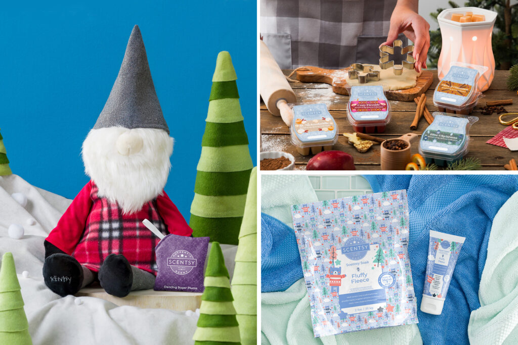 The Scentsy Gnome Buddy with a Dancing Sugar Plums Scent Pak, Fluffy Fleece scented bath soak and hand cream, and our Scents of the Season wax collection including  Blue Christmas, Clove & Cinnamon, Cozy Fireside and St. Nickerdoodle fragrances.