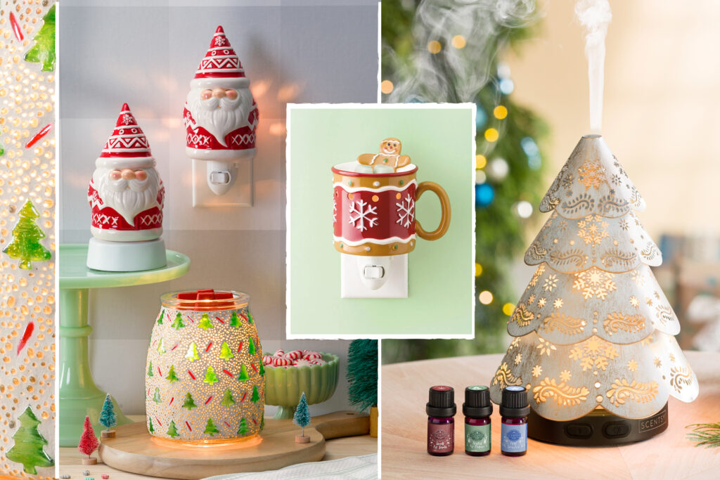 Here are a few products from the 2022 Scentsy Holiday Collection including the Gingerbread Man Mini Warmer and Be Jolly Mini Warmers, the Merry Mosaic Wax Warmer, Trim the Tree Premium Diffuser with the complementary natural Holiday Oil 3-pack.