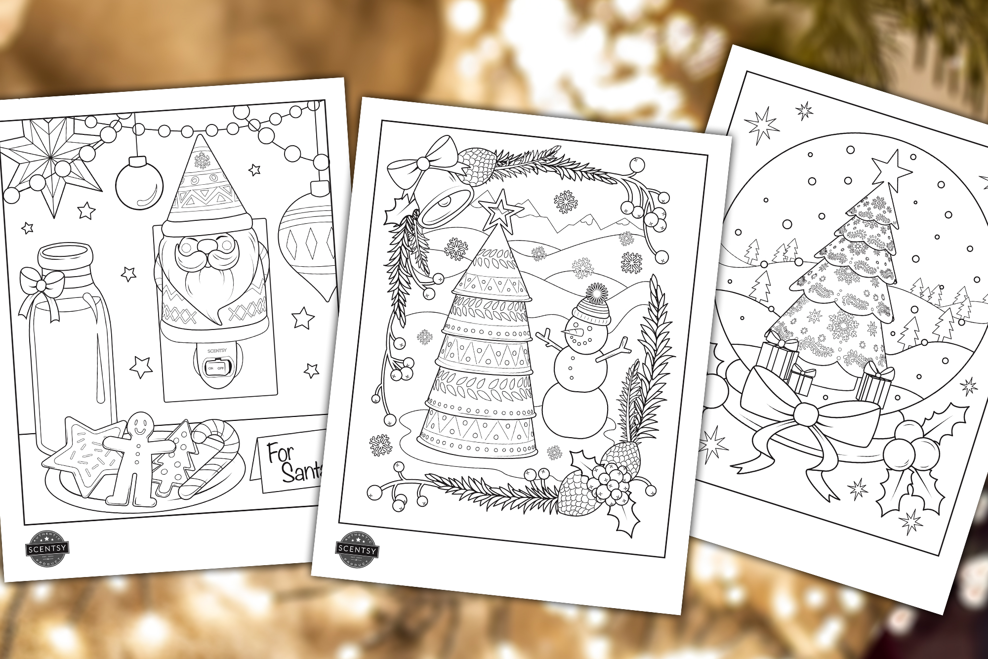 Three Scentsy coloring pages all featuring Scentsy holiday wax warrmers!
