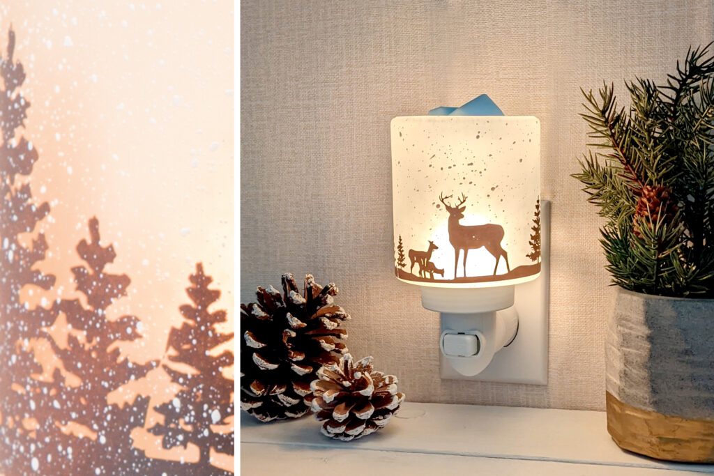 For home décor with motifs that relate to winter like pinecones, frosty trees, reindeer or snowflakes, use the Wildlife Mini Wax Warmer from Scentsy that is also perfect for small spaces!